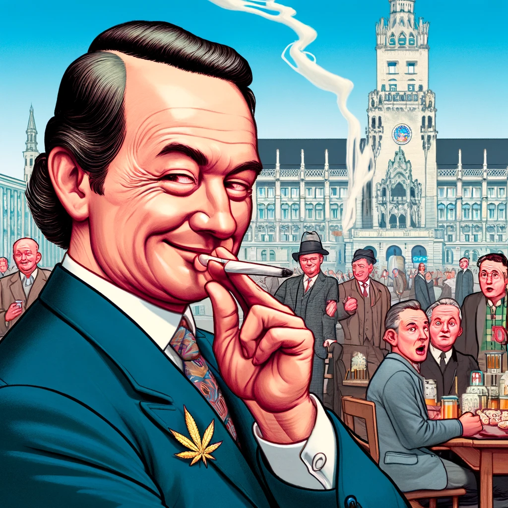 Eine Illustration, die bayerische politische Kultur mit dem Humor der Diskussionen um die Cannabis-Legalisierung verbindet, zeigt eine Karikatur eines traditionellen bayerischen Politikers im Anzug, mit einem verschmitzten Lächeln, der einen Joint diskret hinter seinem Ohr versteckt.